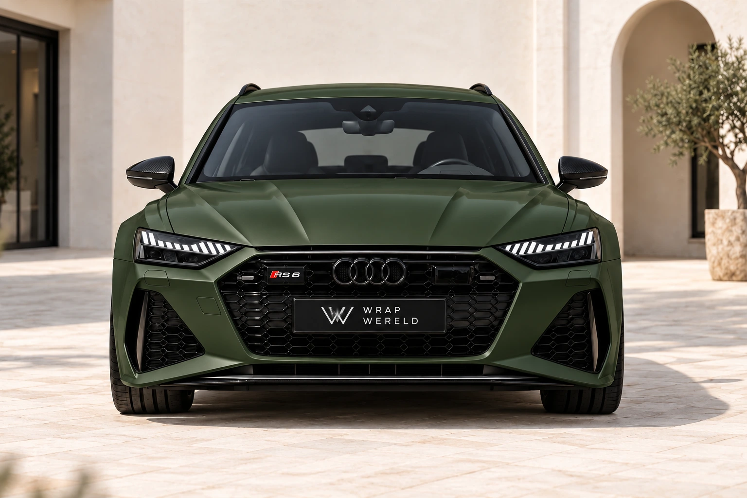 Front view of an Audi RS6 with a green satin wrap
