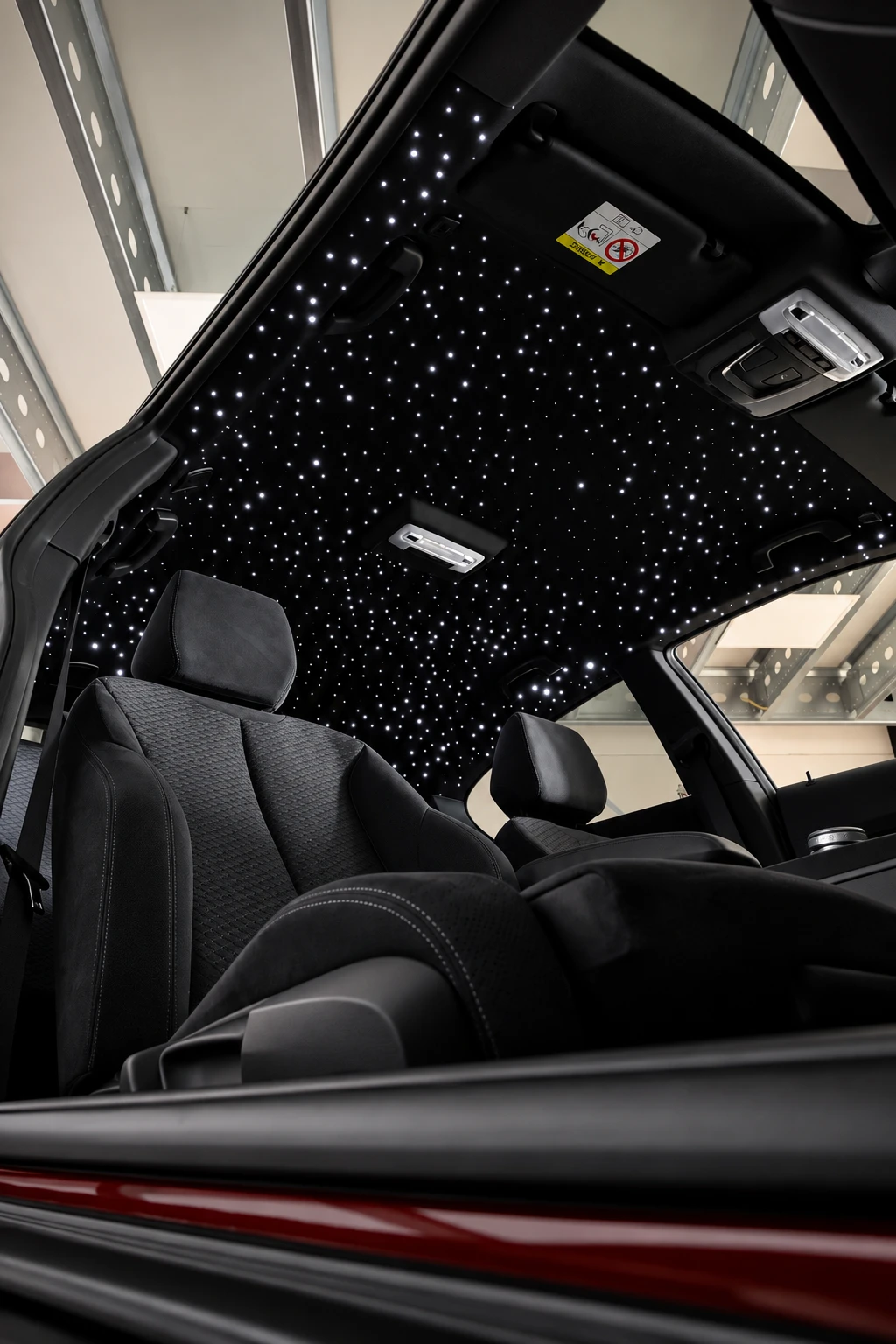 Carefully distributed white stars in a black headliner, viewed through the open car door